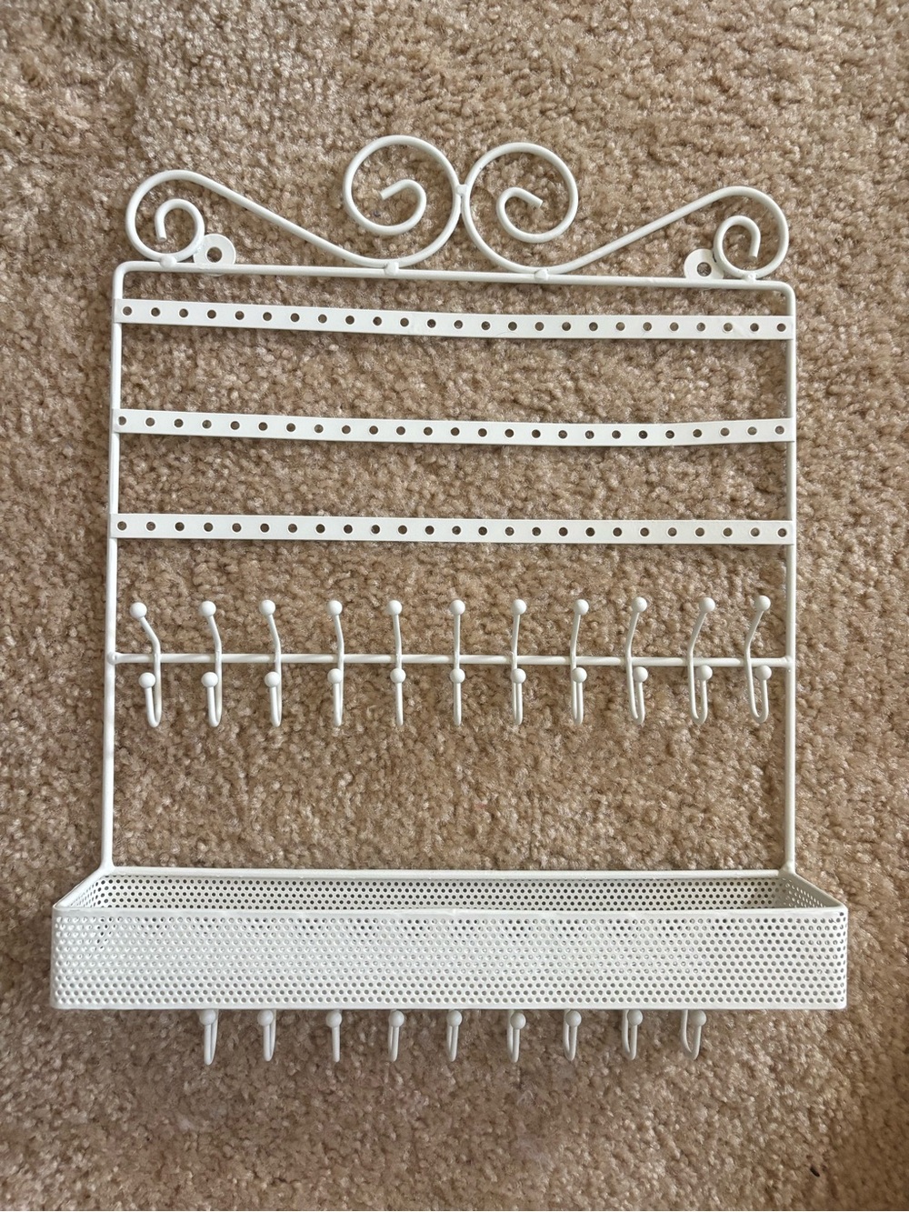 Ivory Metal Wall Jewelry Organizer with Shelf and Hooks